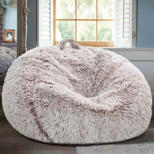 Fluffy Stuffed Animal Storage Bean Bag Chair Cover (No Filler) Faux Fur Comfy Bean Bag Cover for Organizing Plush Toys or Textile for Adults Teens Kids Girls Heather Camel